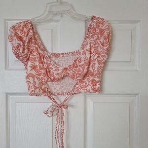 Floral Puff Sleeve Crop Top With Tie Front Size Medium Shein New